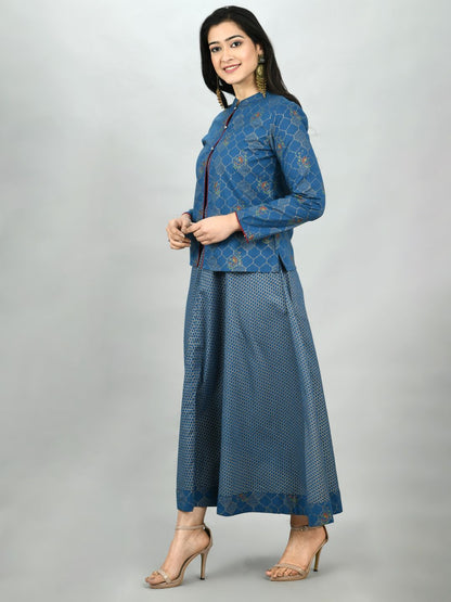 Women's Blue Cotton Printed Full Sleeve Mandarin Neck Casual Kurta Jacket Set