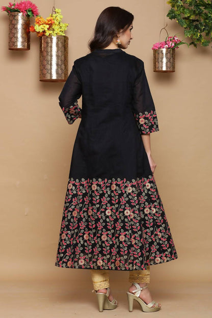 Women's Black Chanderi Flared 2 Piece Kurta