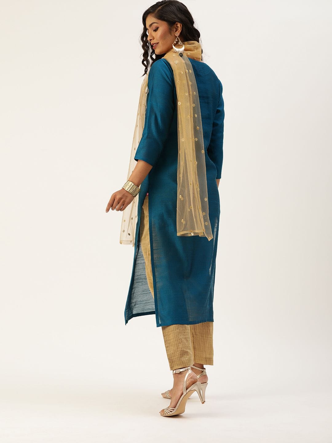 Women's Teal Blue & Beige Sequined Yoke Design Kurta With Trousers & Dupatta