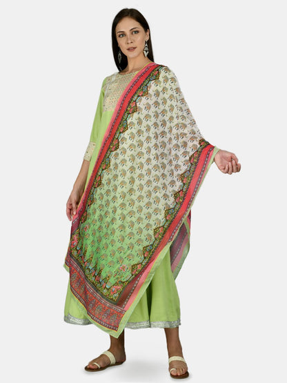 Women's Green Rayon Printed 3/4 Sleeve Round Neck Casual Anarkali Dupatta Set