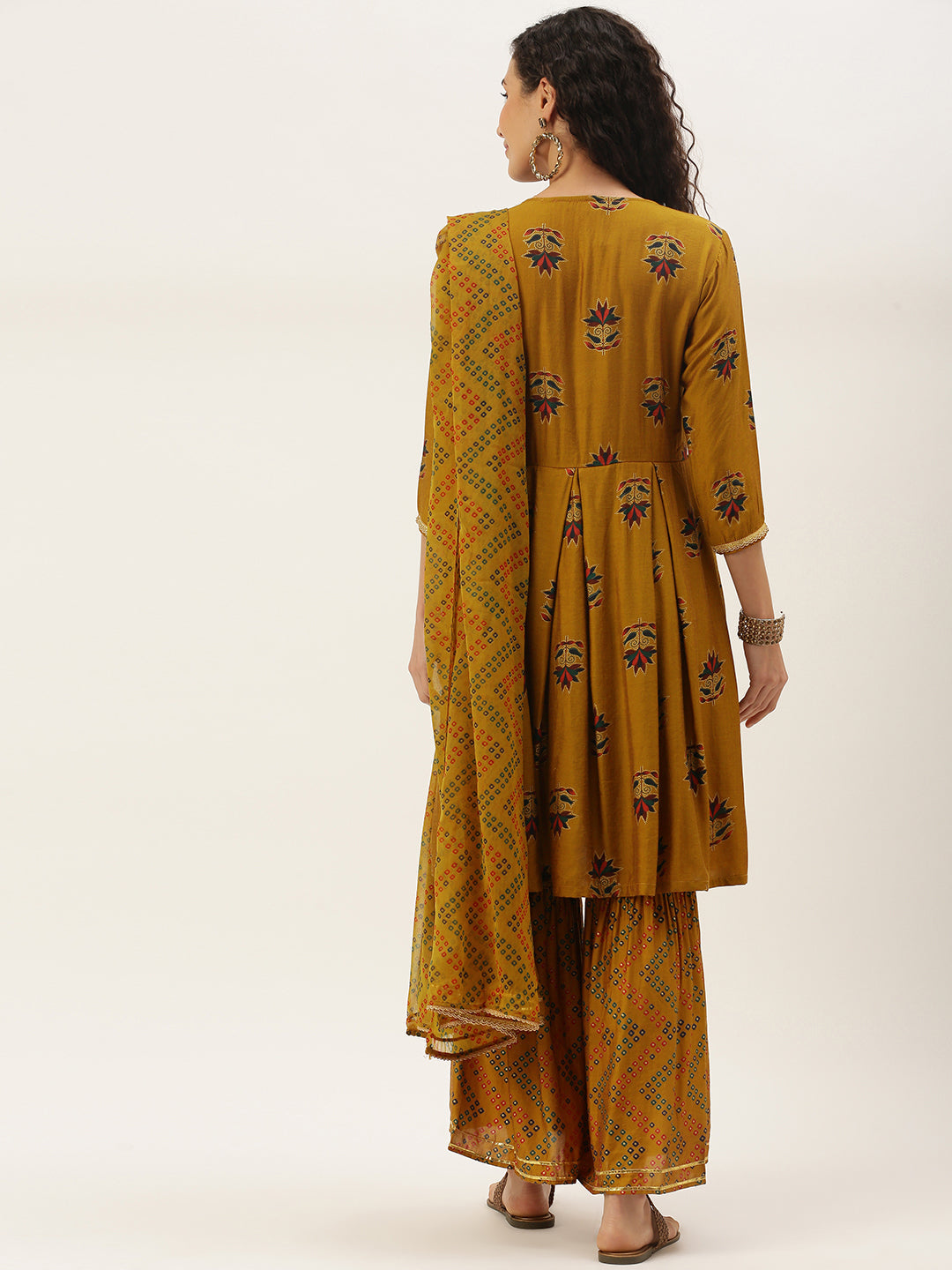 Women's Mustard Color Muslin Foil Printed Kurta Sharara With Dupatta