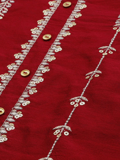 Women's Red & Silver-Toned Embroidered Straight Kurta