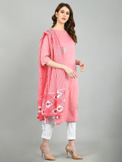 Women's Pink Cotton Printed 3/4 Sleeve Round Neck Casual Kurta Dupatta Set