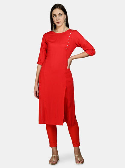 Women's Red Cotton Solid 3/4 Sleeve Round Neck Casual Kurta Pant Dupatta Set