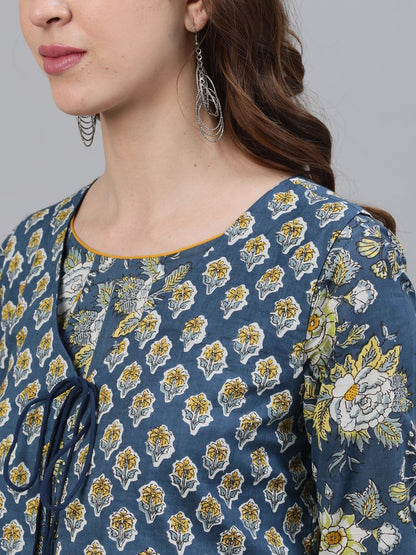Women's Blue & Yellow Floral Printed Anarkali With Jacket