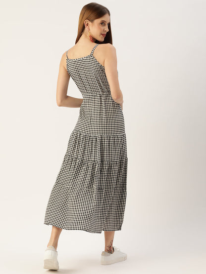 Women's Black&White Color Rayon Ckecked A-Line Layered Dress