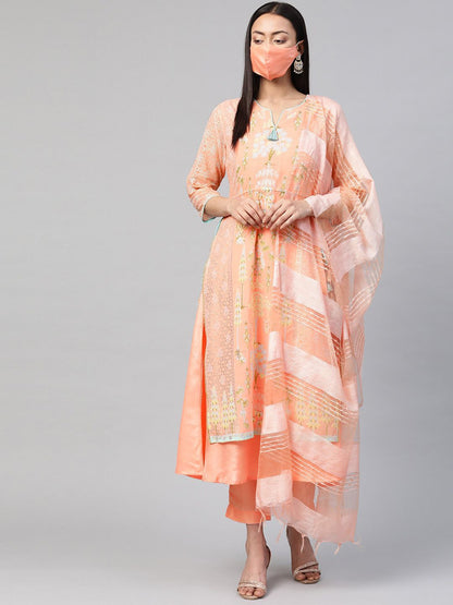 Women's Orange Printed Layered Kurta Pant & Dupatta Set with Mask