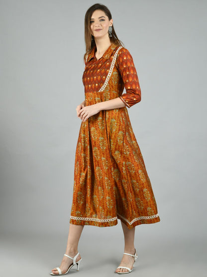Women's Brown Silk Printed 3/4 Sleeve Shirt Coller Casual Dress