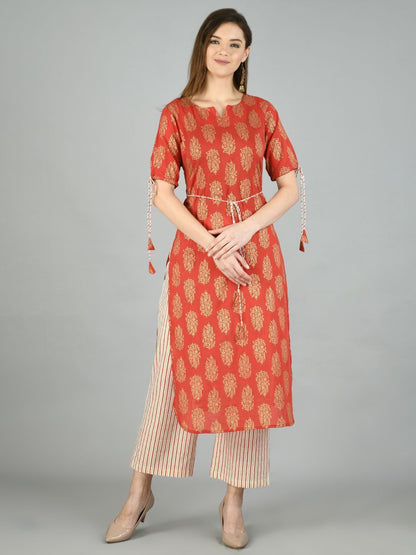 Women's Brown Cotton Printed Half Sleeve Round Neck Casual Kurta Pant Set