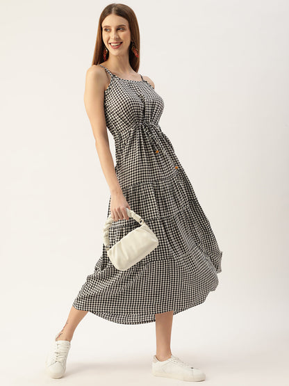 Women's Black&White Color Rayon Ckecked A-Line Layered Dress