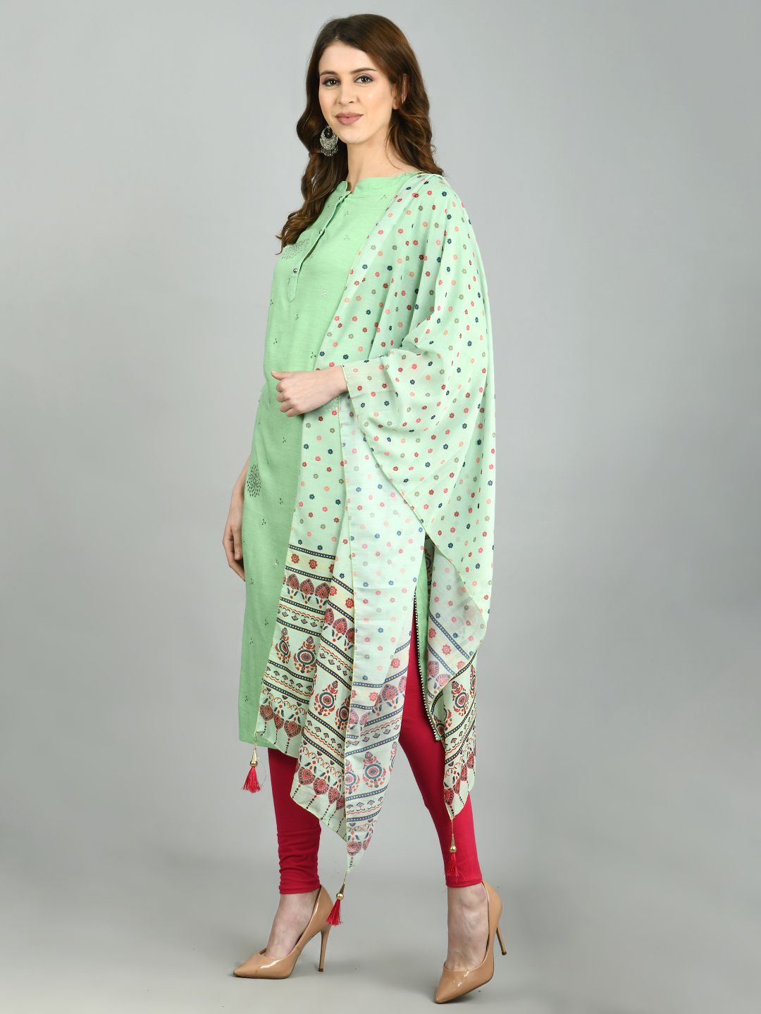 Women's Green Cotton Printed 3/4 Sleeve Mandarin Neck Casual Kurta Dupatta Set
