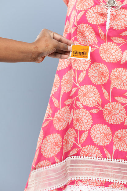 Women's Pink Floral Print A- Line Kurta With Lace Detailing & Pink Floral Print Trousers