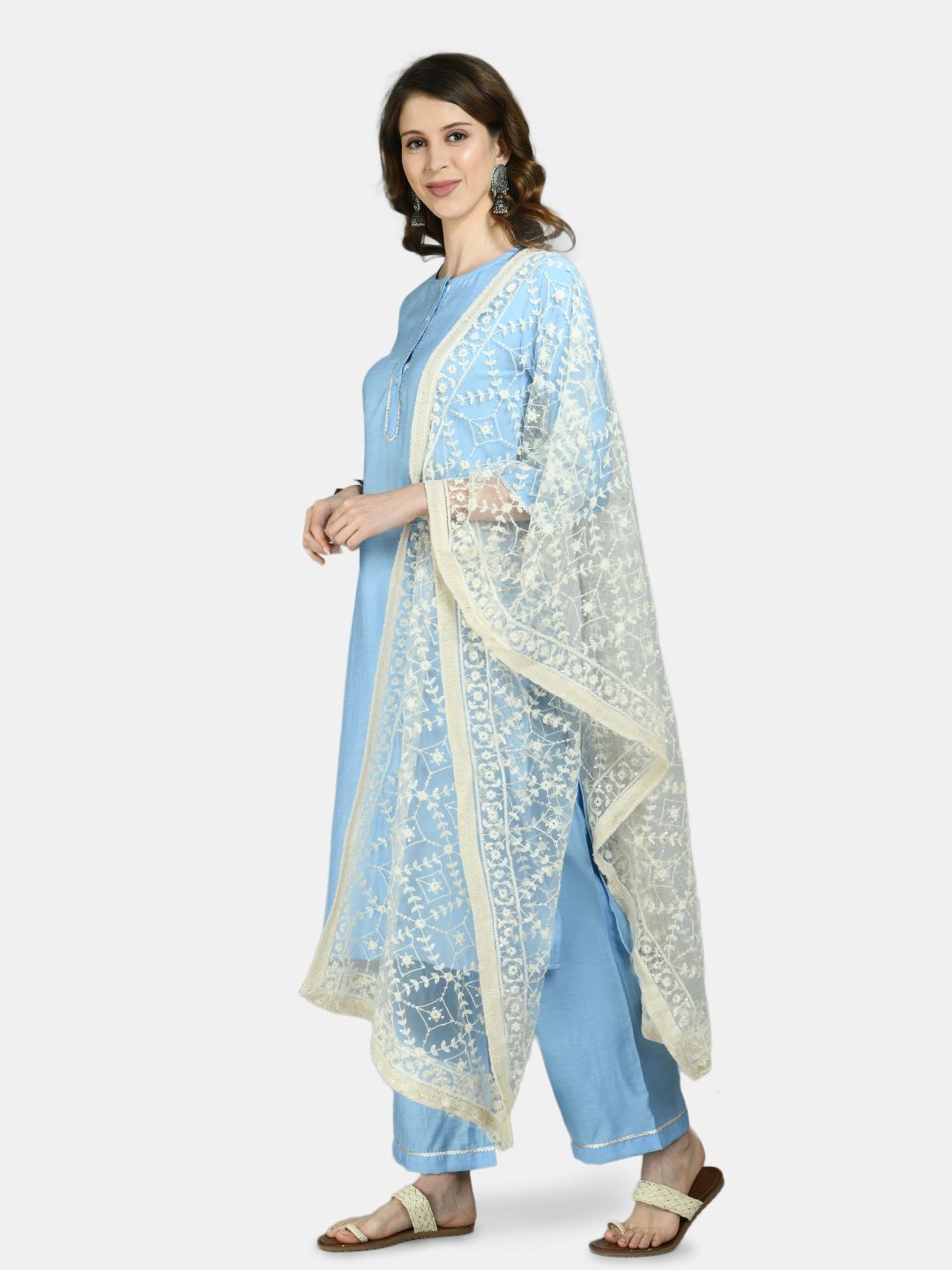 Women's Blue Cotton Solid 3/4 Sleeve Round Neck Casual Kurta Pant Dupatta Set