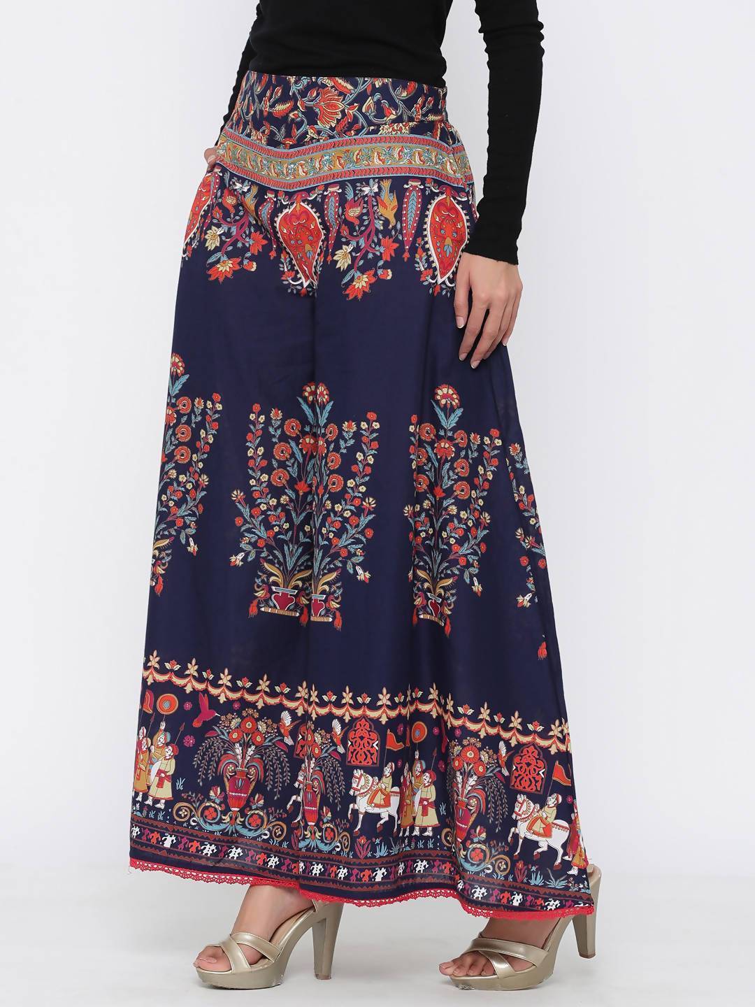 Women's Mustard Cotton Printed Flared Palazzo