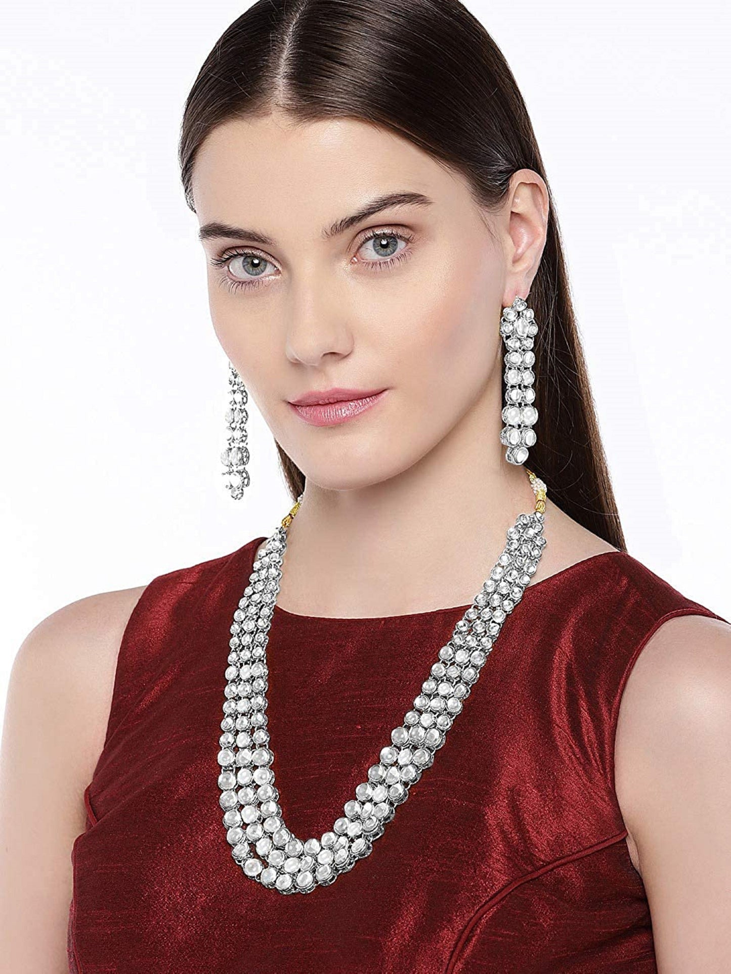 Women's 18ksilverplatedtraditional3layeredjewellerysetencasedwithkundanforwomenij301s