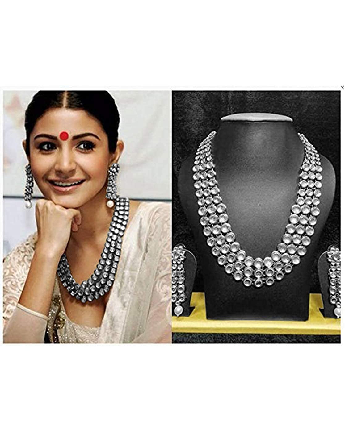 Women's 18ksilverplatedtraditional3layeredjewellerysetencasedwithkundanforwomenij301s