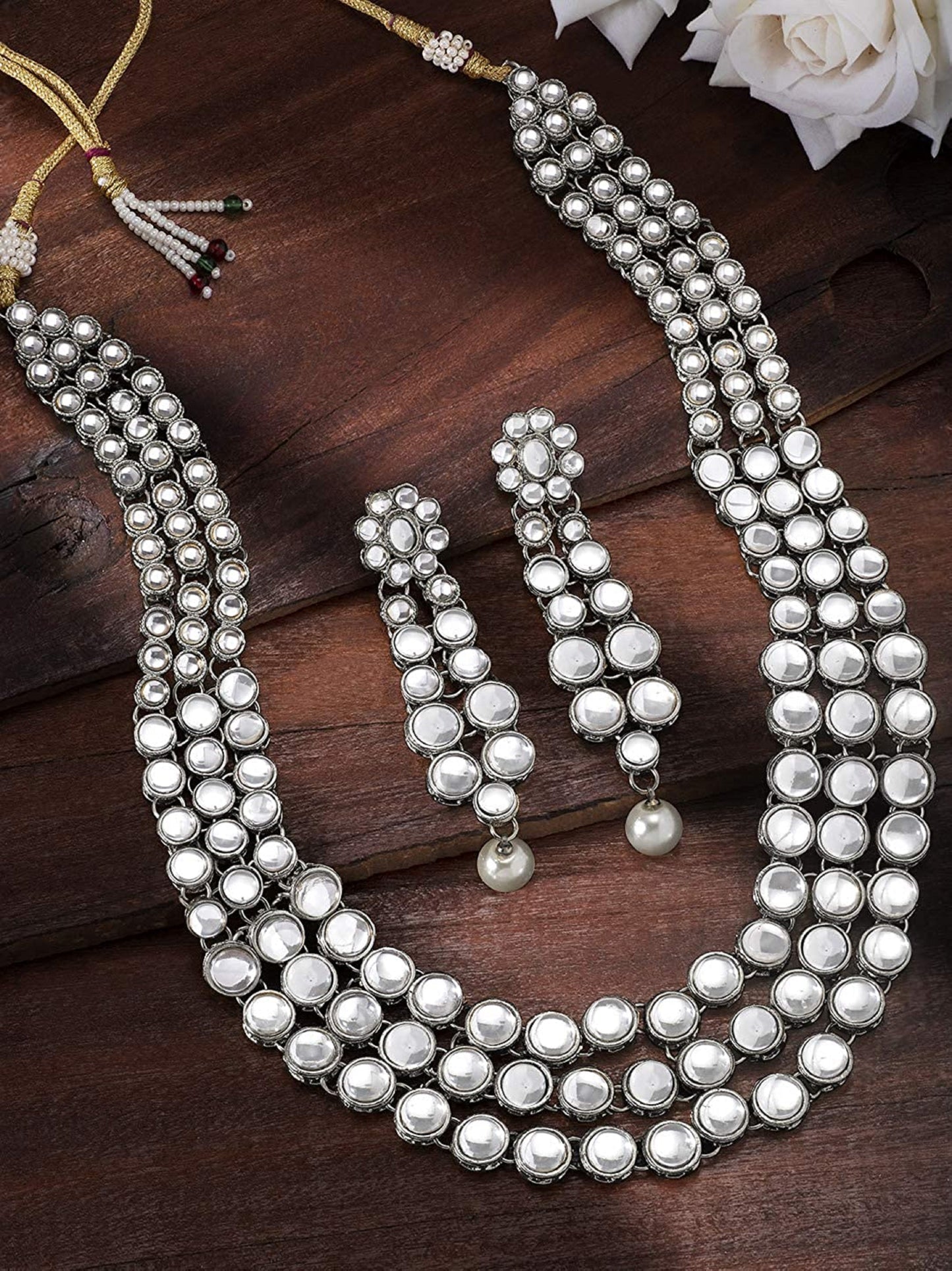 Women's 18ksilverplatedtraditional3layeredjewellerysetencasedwithkundanforwomenij301s