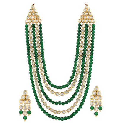 Women's gold plated kundan beads multi strand necklace set with earrings ij318pi