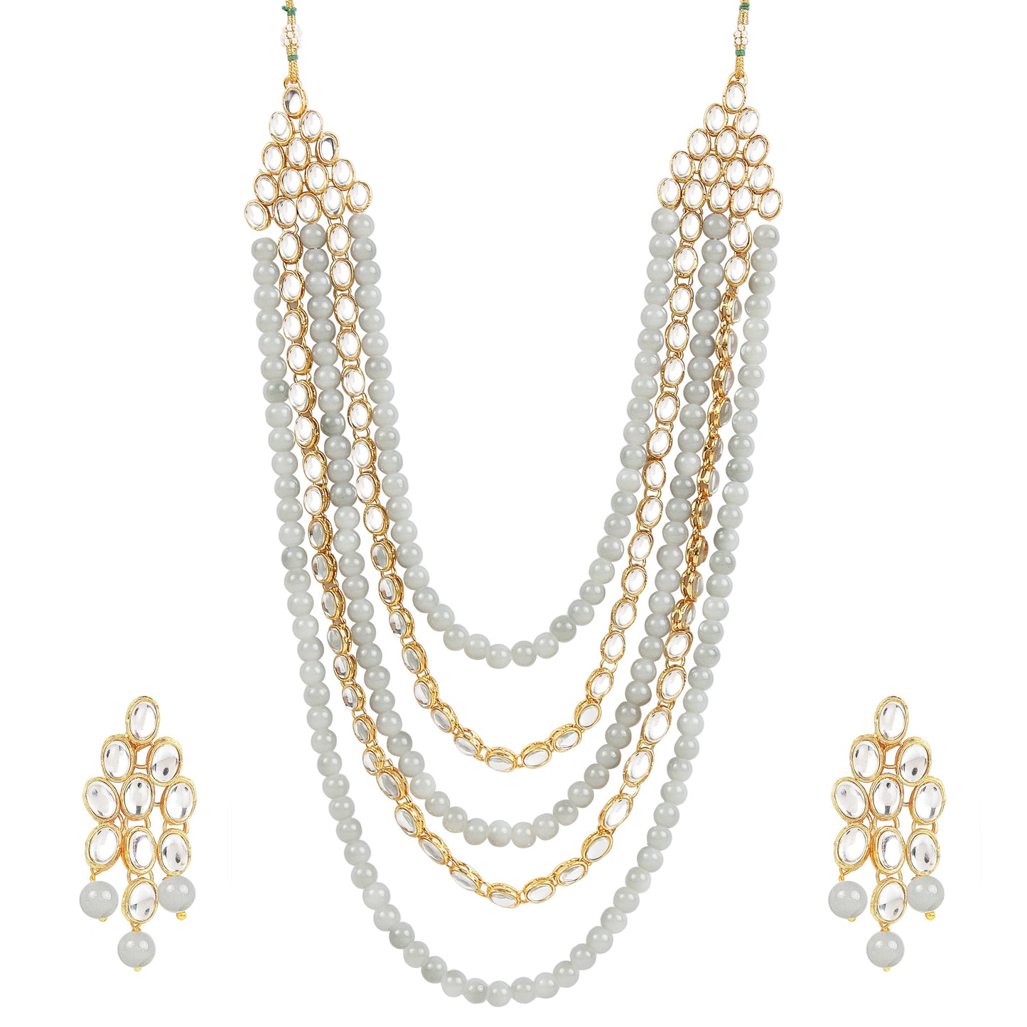 Women's gold plated kundan beads multi strand necklace set with earrings ij318pi