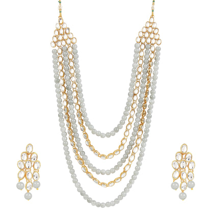Women's gold plated kundan beads multi strand necklace set with earrings ij318pi