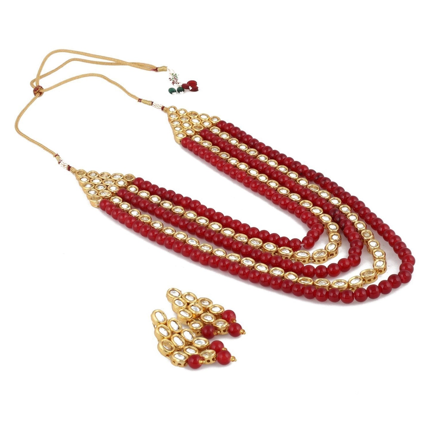 Women's gold plated kundan beads multi strand necklace set with earrings ij318pi