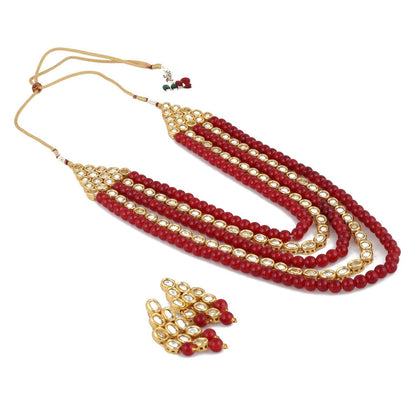 Women's gold plated kundan beads multi strand necklace set with earrings ij318pi