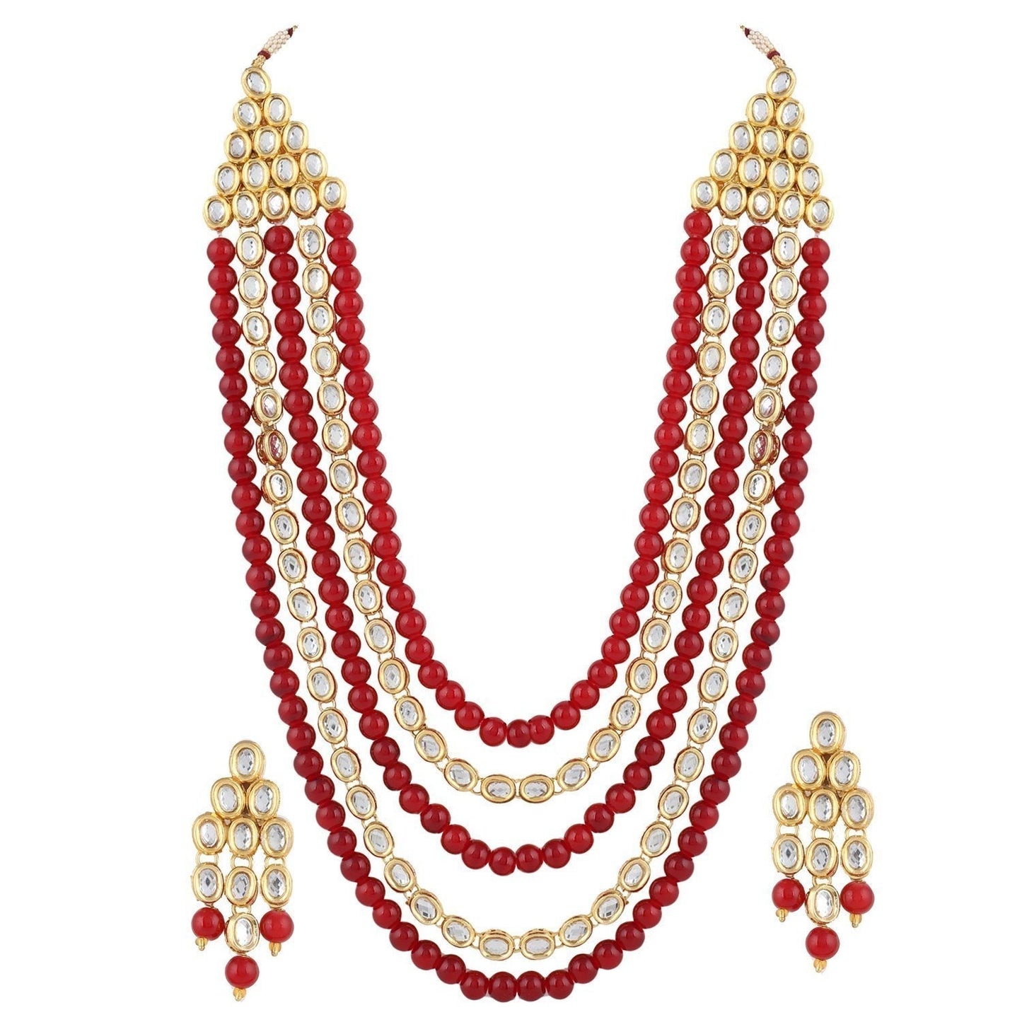 Women's gold plated kundan beads multi strand necklace set with earrings ij318pi