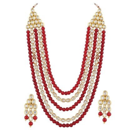 Women's gold plated kundan beads multi strand necklace set with earrings ij318pi