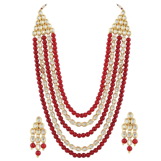 Women's gold plated kundan beads multi strand necklace set with earrings ij318pi