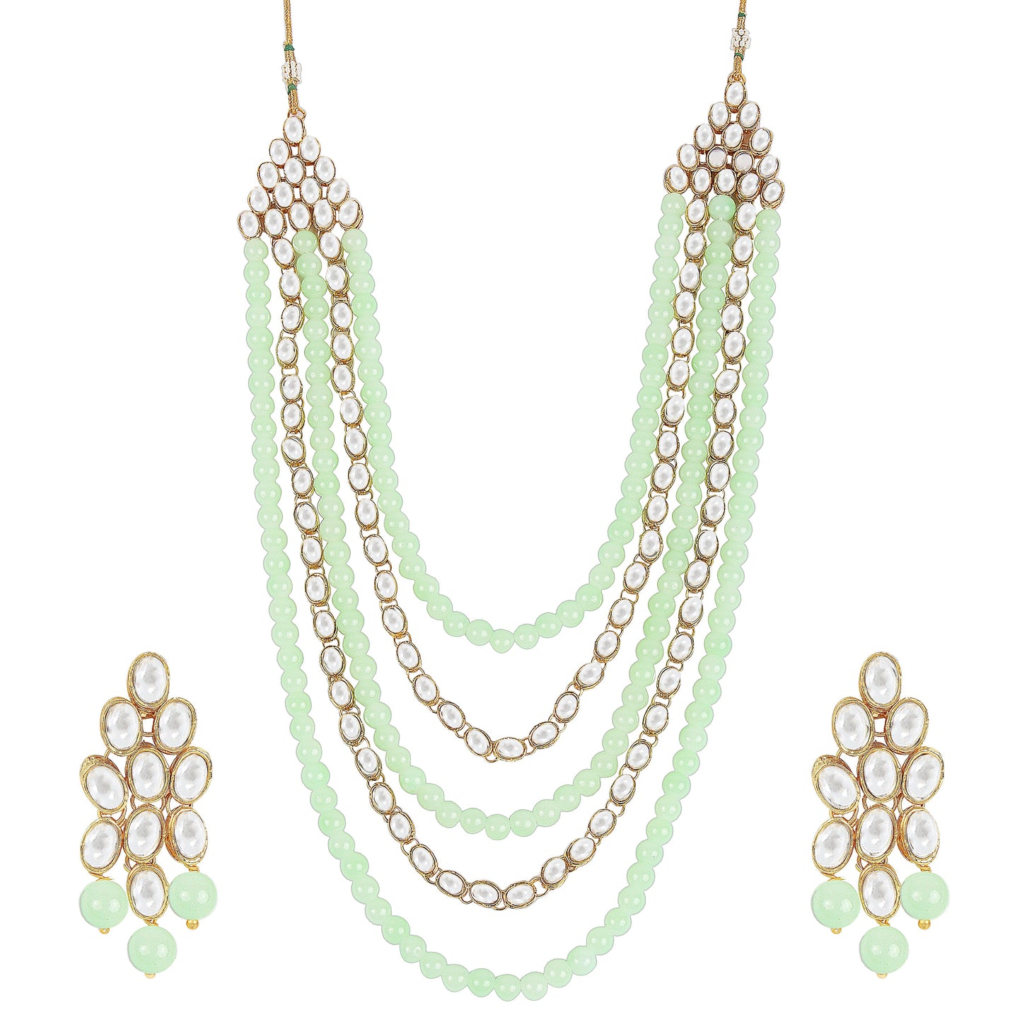 Women's gold plated kundan beads multi strand necklace set with earrings ij318pi