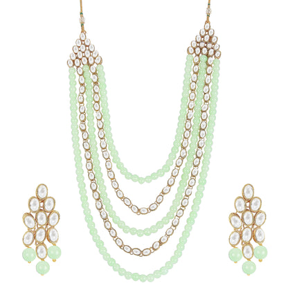 Women's gold plated kundan beads multi strand necklace set with earrings ij318pi