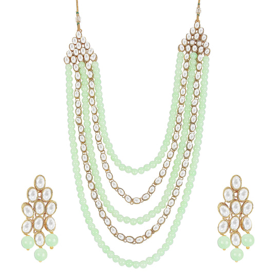 Women's gold plated kundan beads multi strand necklace set with earrings ij318pi