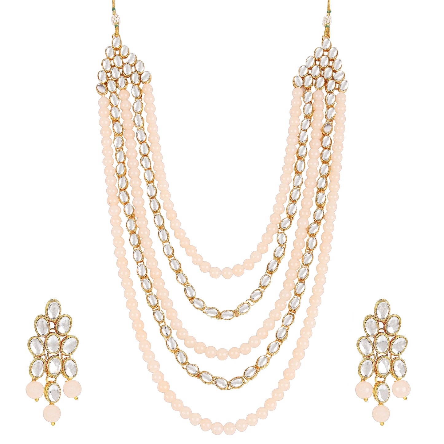 Women's gold plated kundan beads multi strand necklace set with earrings ij318pi