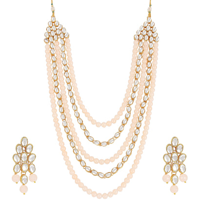 Women's gold plated kundan beads multi strand necklace set with earrings ij318pi