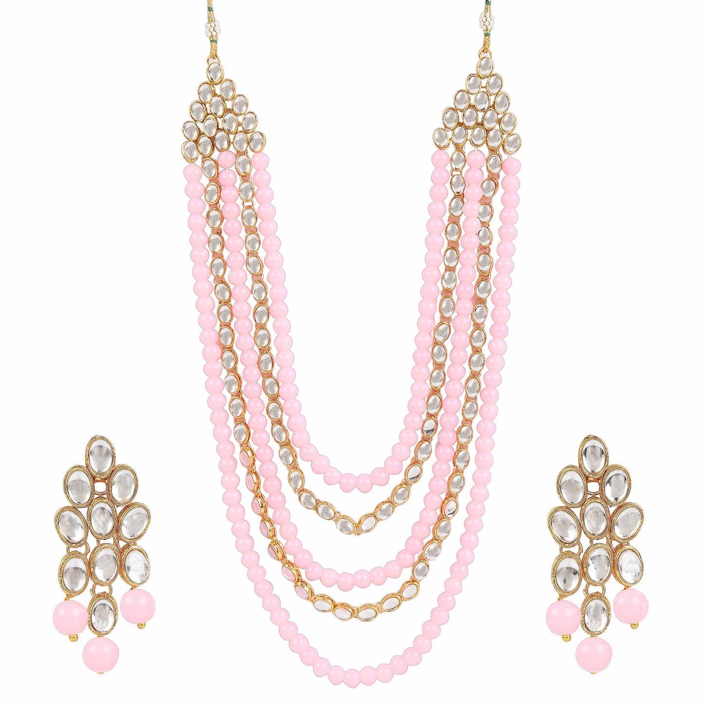 Women's gold plated kundan beads multi strand necklace set with earrings ij318pi