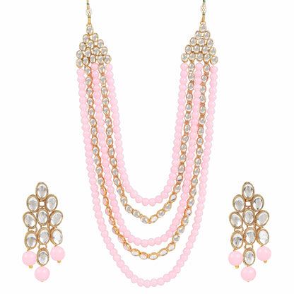 Women's gold plated kundan beads multi strand necklace set with earrings ij318pi