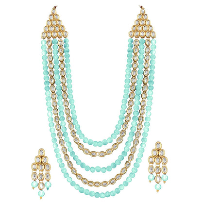 Women's gold plated kundan beads multi strand necklace set with earrings ij318pi