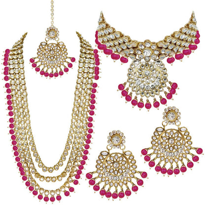 Women's Traditional Gold Plated Kundan Pearl Bridal Necklace Set for Women