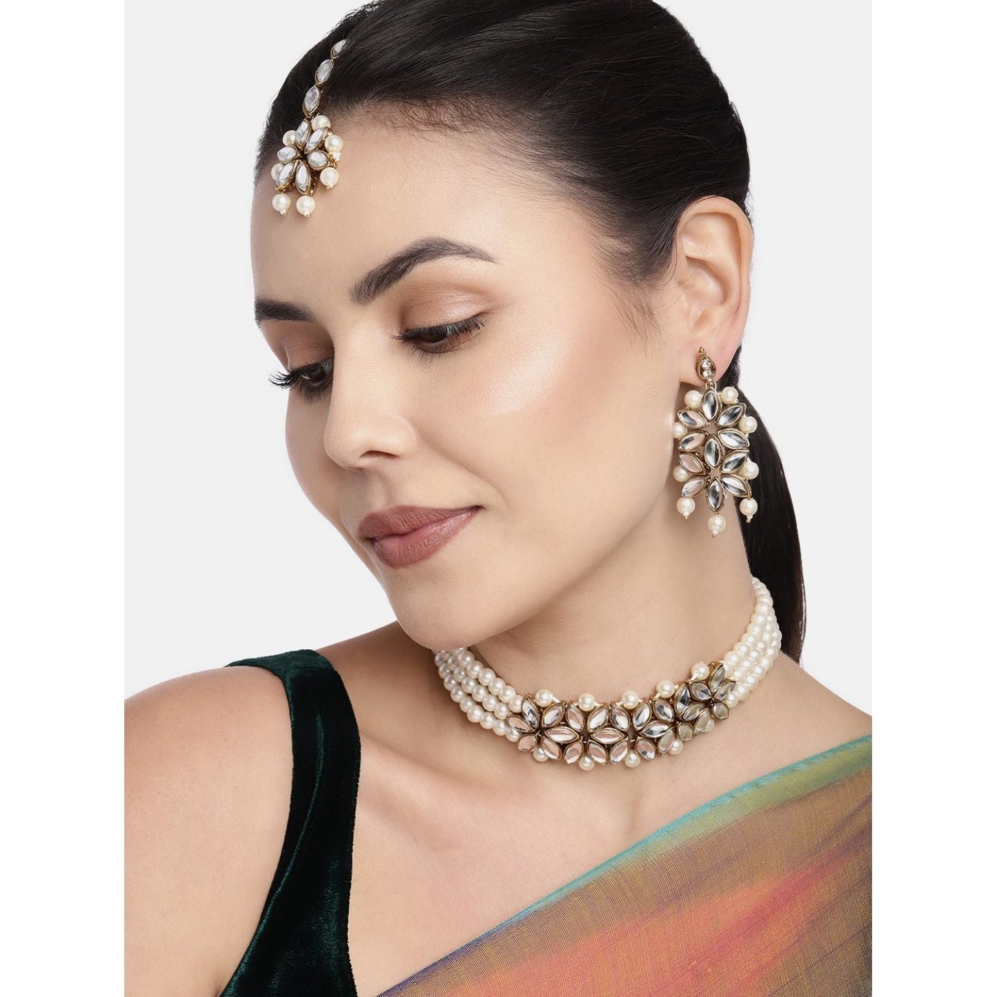 Women's 18k Gold Plated Kundan & Pearl Beaded Choker Set