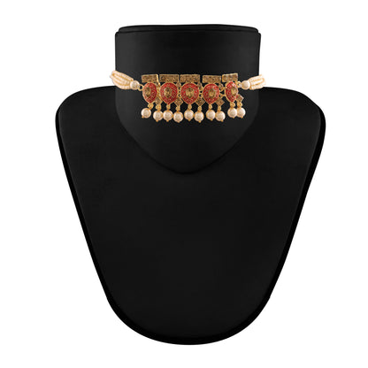Women's 18k Gold Plated Red Meenakari Choker Set Glided With Pearls