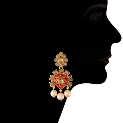 Women's 18k Gold Plated Red Meenakari Choker Set Glided With Pearls