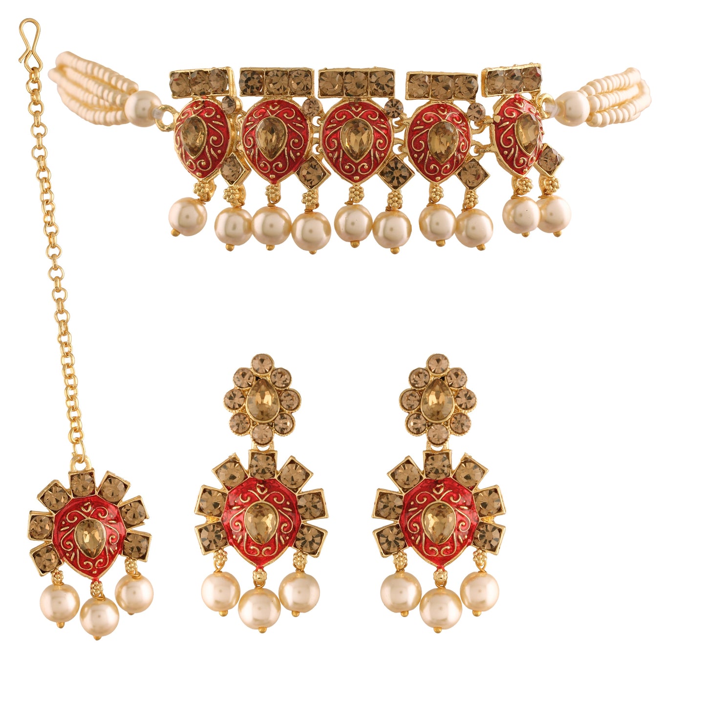 Women's 18k Gold Plated Red Meenakari Choker Set Glided With Pearls
