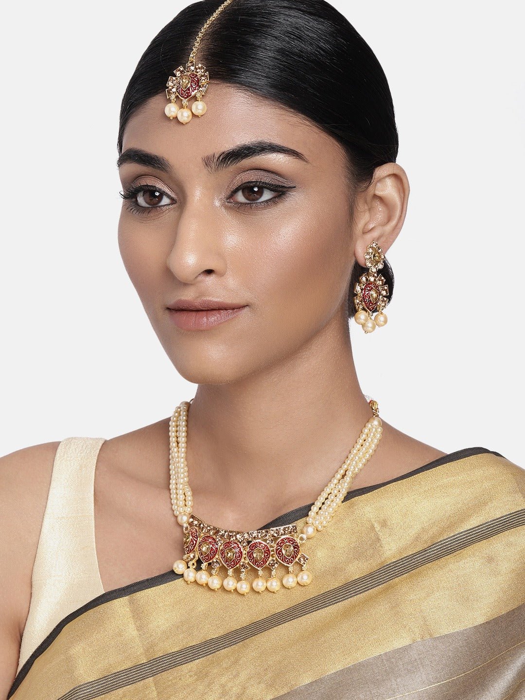 Women's 18k Gold Plated Red Meenakari Choker Set Glided With Pearls