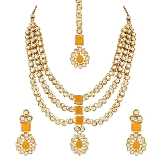 Women's 18K Gold Plated Traditional Kundan Necklace Jewellery Set with Earrings & Maang Tikka 