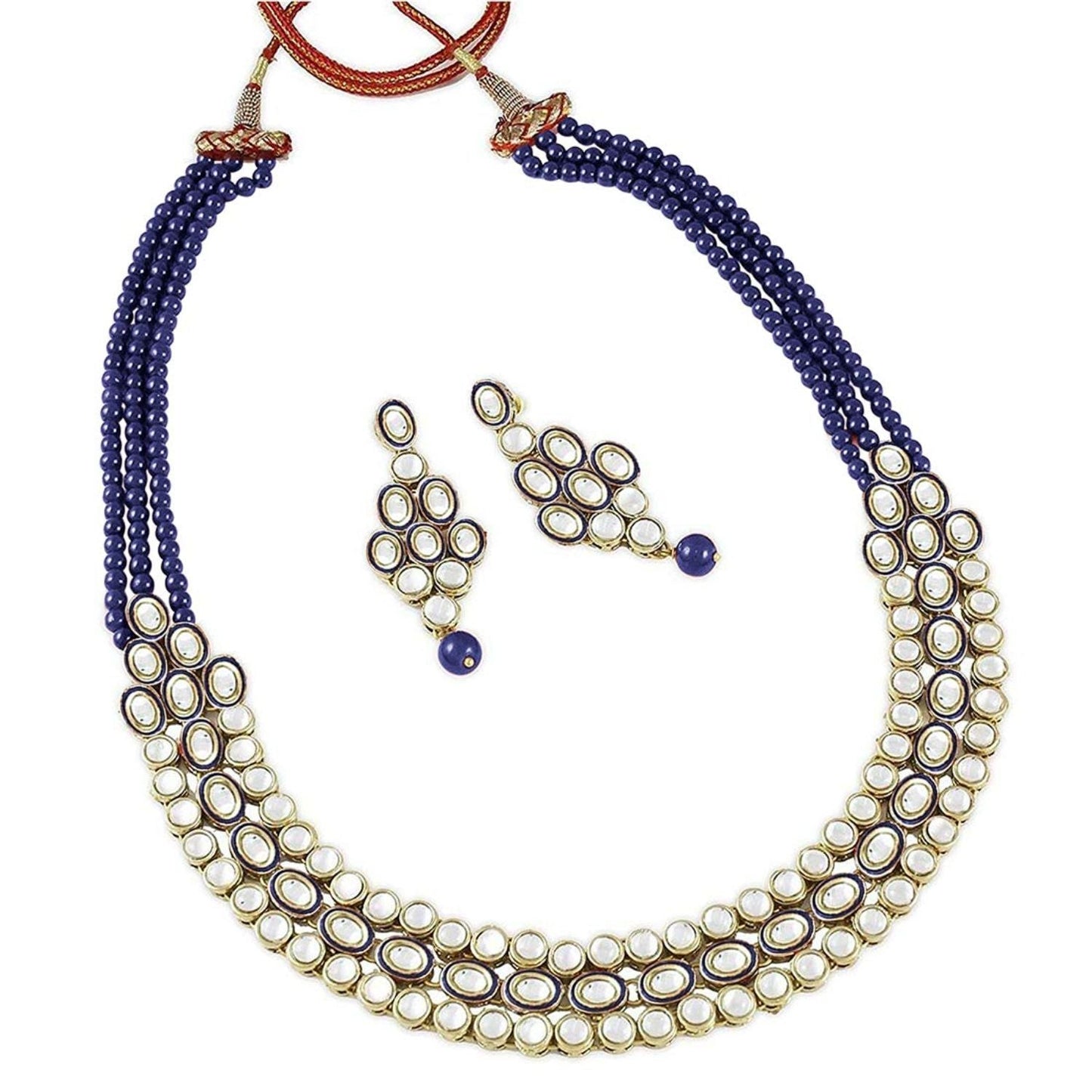 Women's 18K Gold Plated Traditional Stunning Blue Meenakari Kundan Studded Pearl Necklace Jewellery Set with Earrings