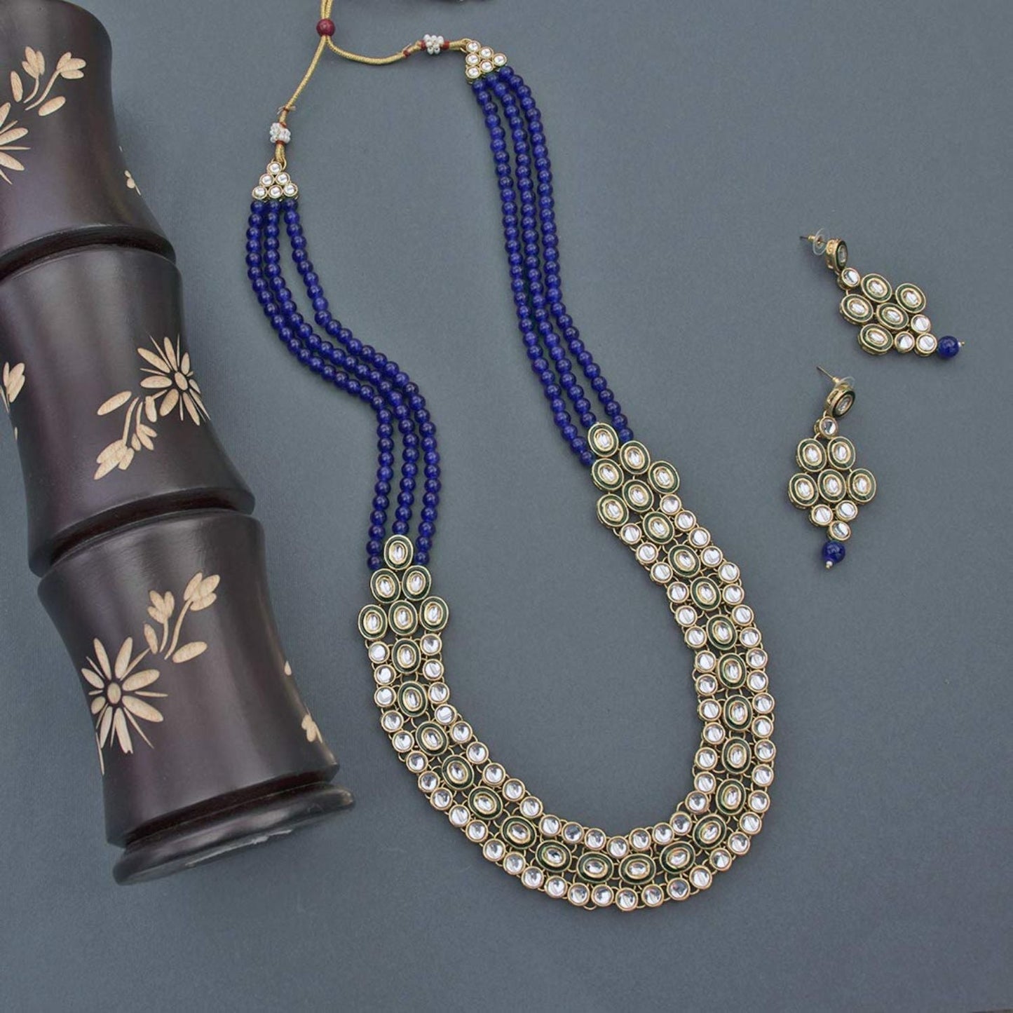 Women's 18K Gold Plated Traditional Stunning Blue Meenakari Kundan Studded Pearl Necklace Jewellery Set with Earrings