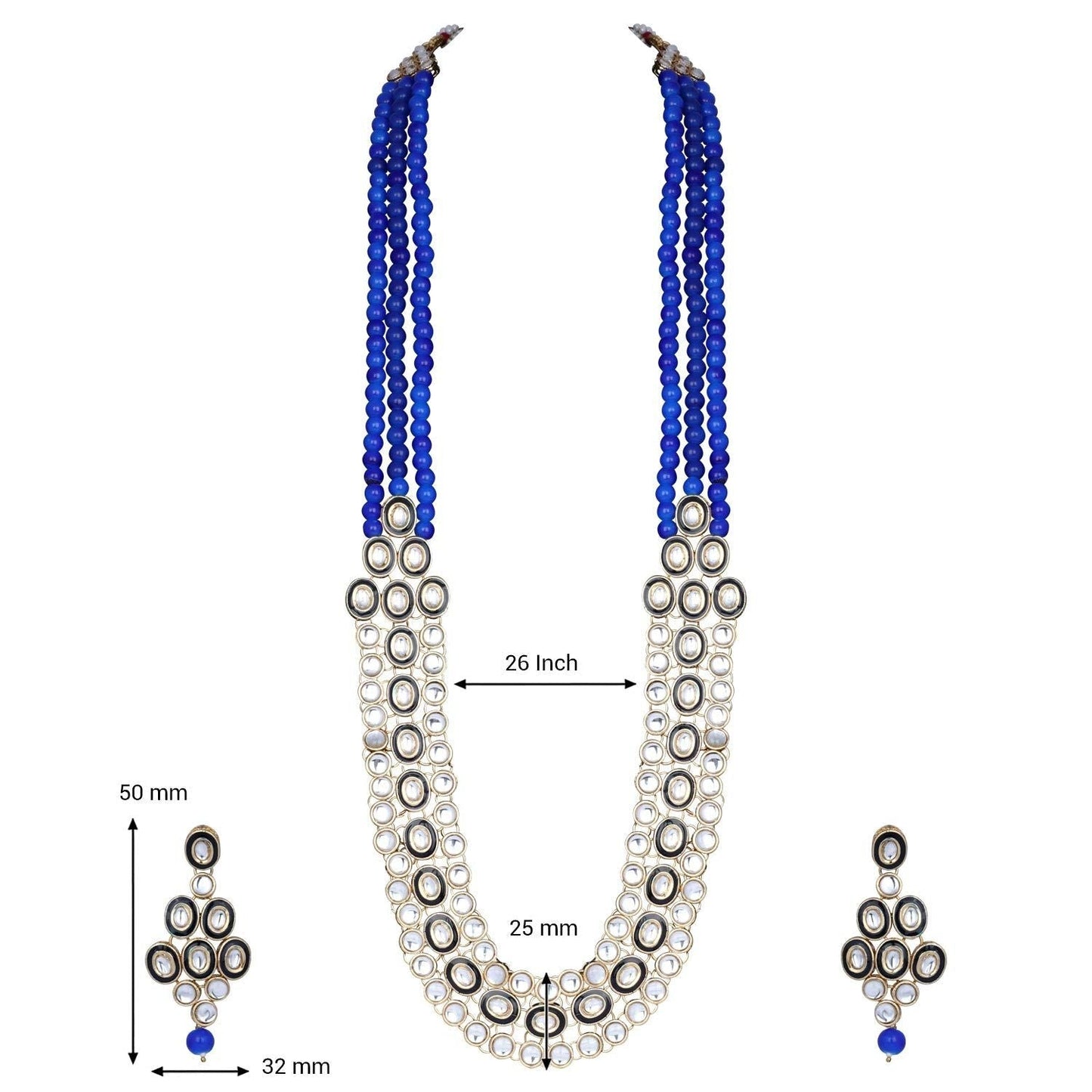 Women's 18K Gold Plated Traditional Stunning Blue Meenakari Kundan Studded Pearl Necklace Jewellery Set with Earrings
