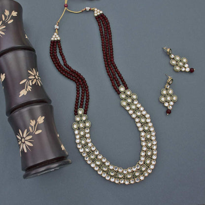 Women's 18K Gold Plated Traditional Stunning Maroon Meenakari Kundan Studded Pearl Necklace Jewellery Set with Earrings