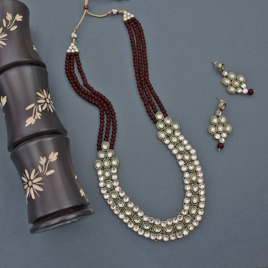 Women's 18K Gold Plated Traditional Stunning Maroon Meenakari Kundan Studded Pearl Necklace Jewellery Set with Earrings