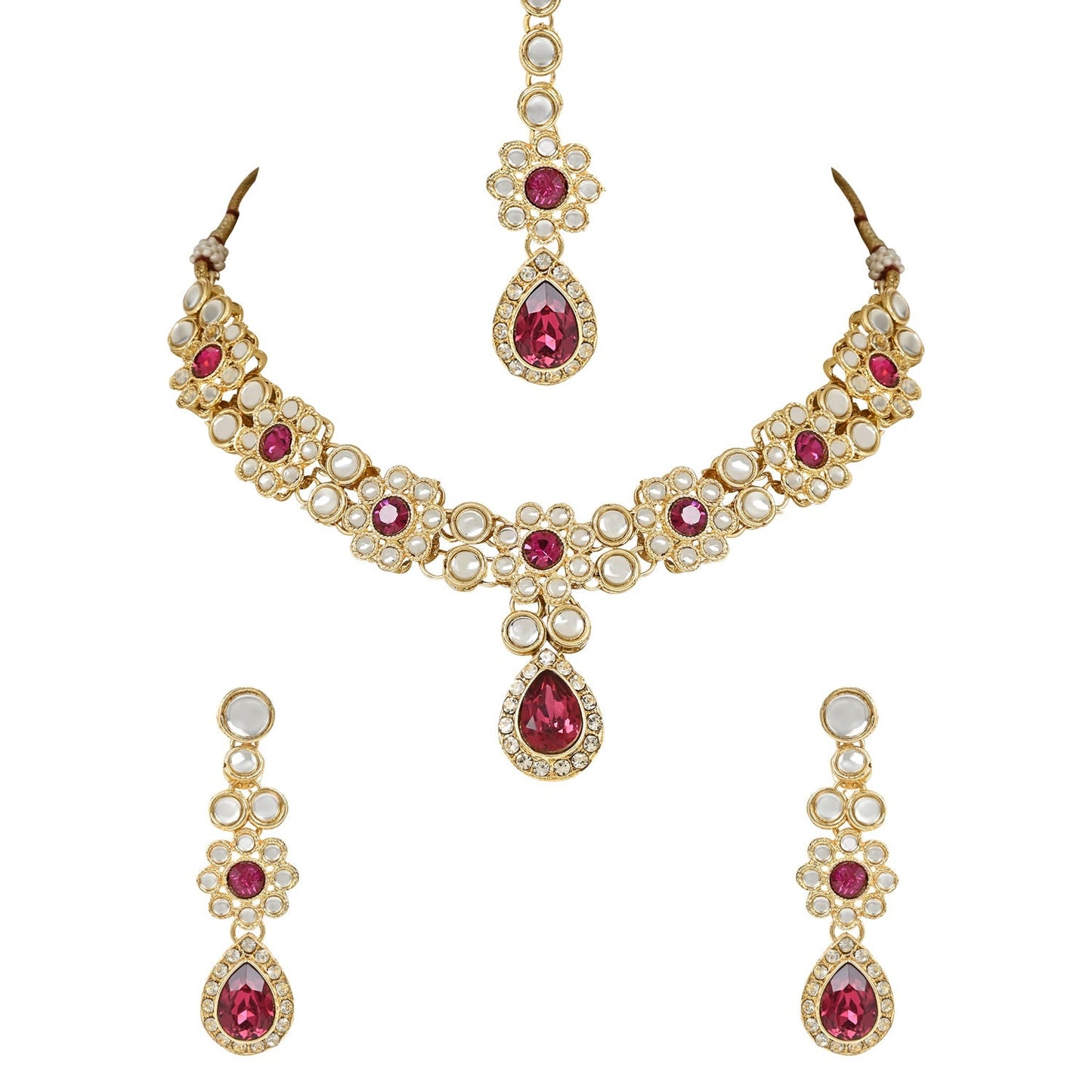Women's 18K Gold Plated Traditional Floral Design Kundan Stones Studed Necklace Jewellery Set with Earrings & Maang Tikka